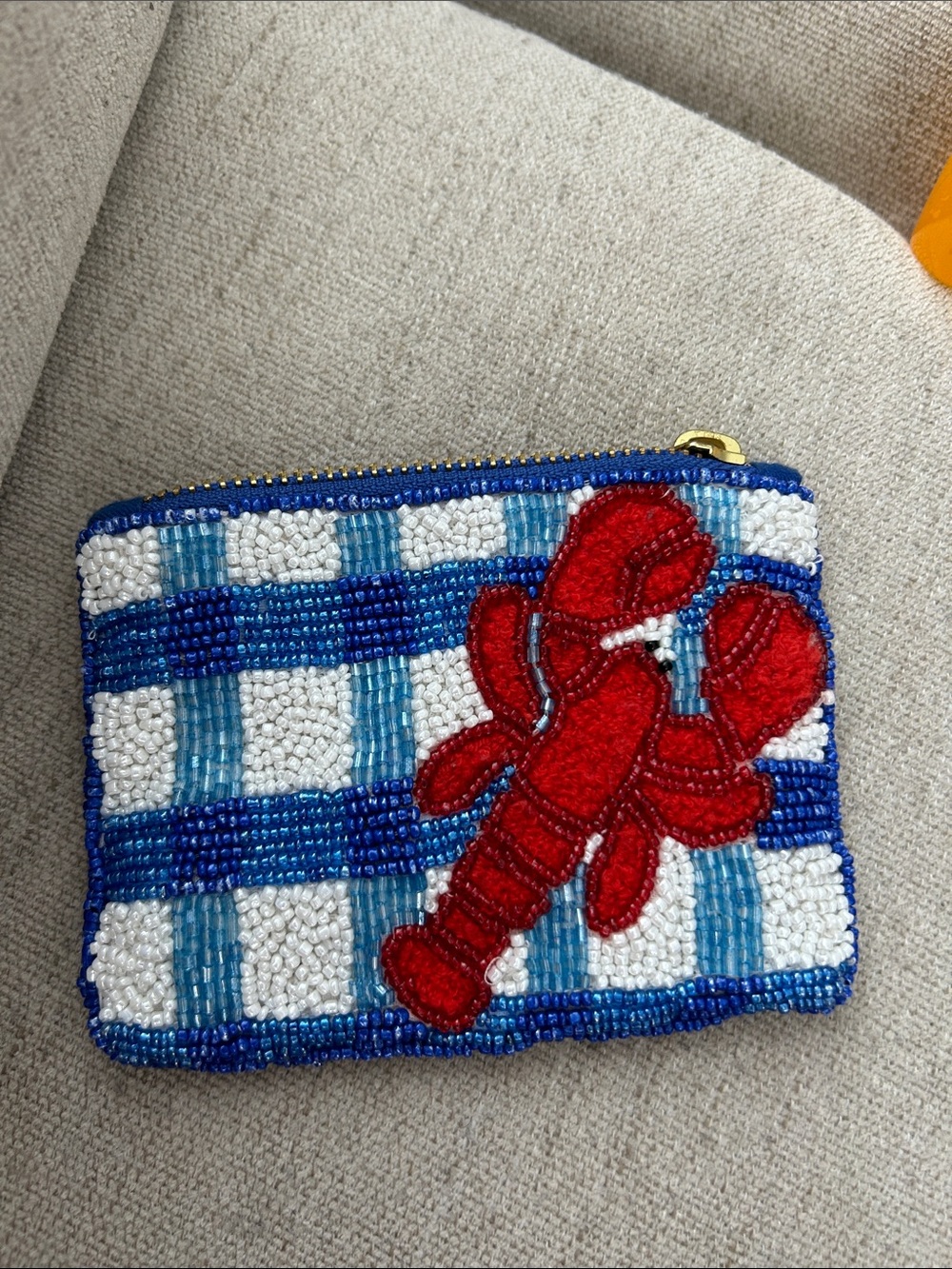 Anthropologie Blue & White Beaded Coin Pouch with Red Lobster